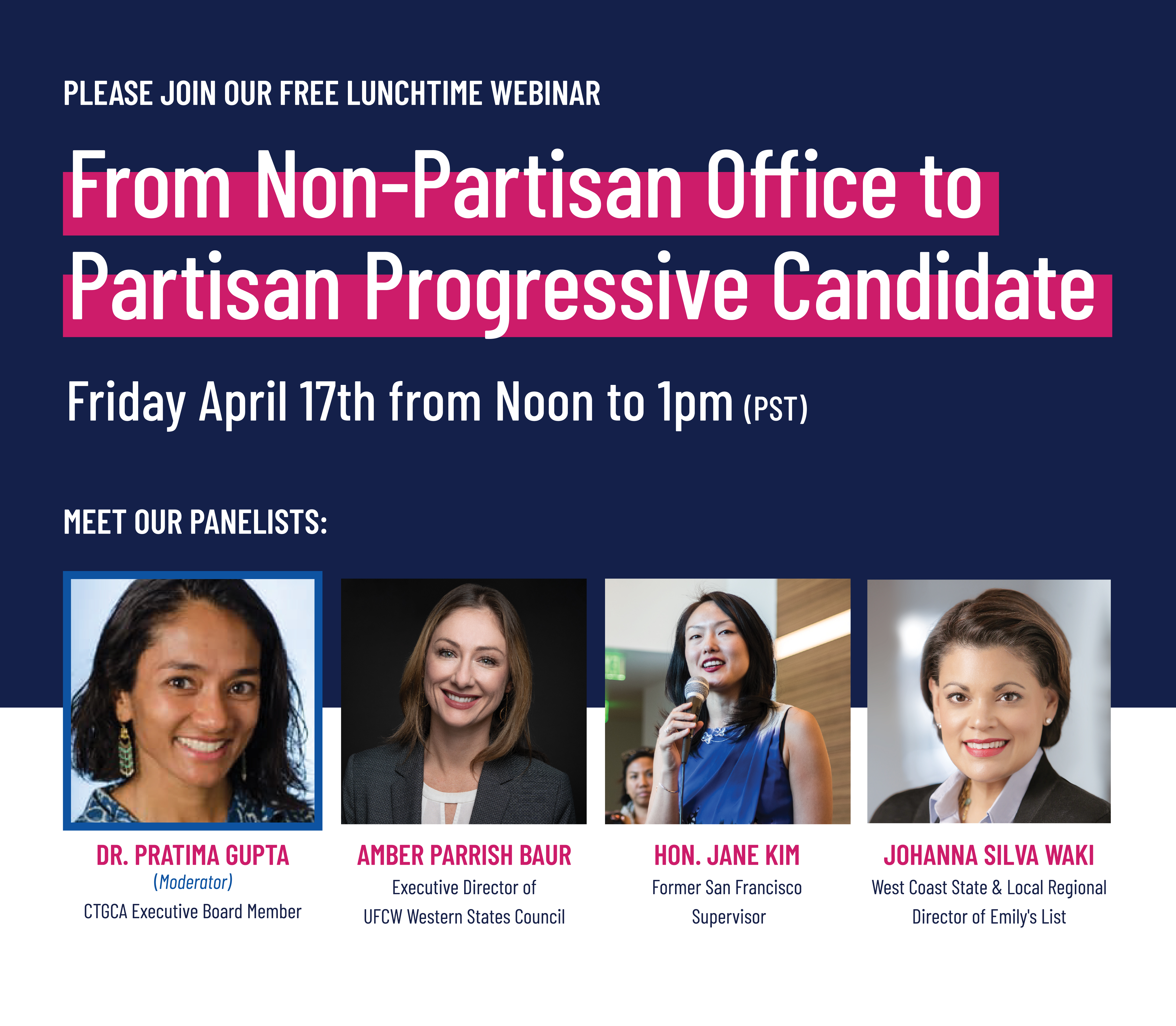 April 17th Webinar at 12 PM - 1PM - "From Non-Partisan office to Partisan Progressive Candidate"